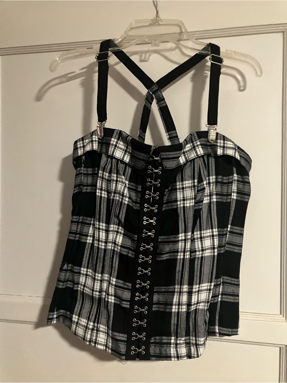 Tripp NYC Black & White Plaid Lace-Up Corset Top Bondage Style